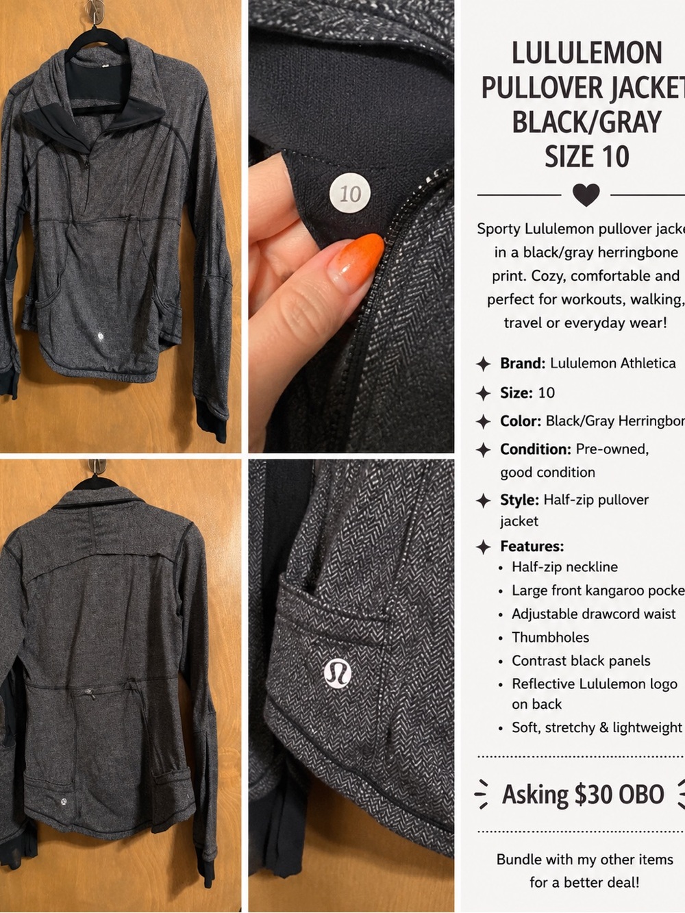 lululemon athletica Black & Gray Herringbone Half-Zip Pullover Jacket